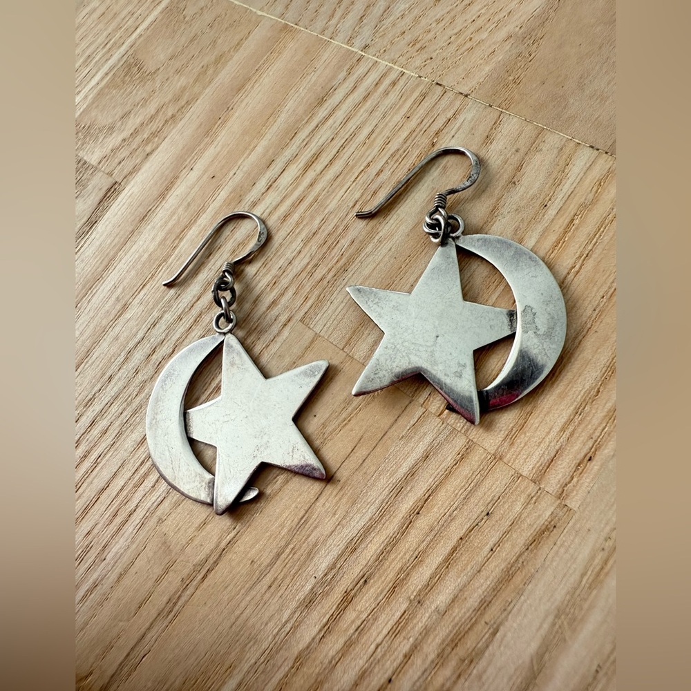 Vintage 925 Sterling silver crescent moon star dangle earrings on hooks